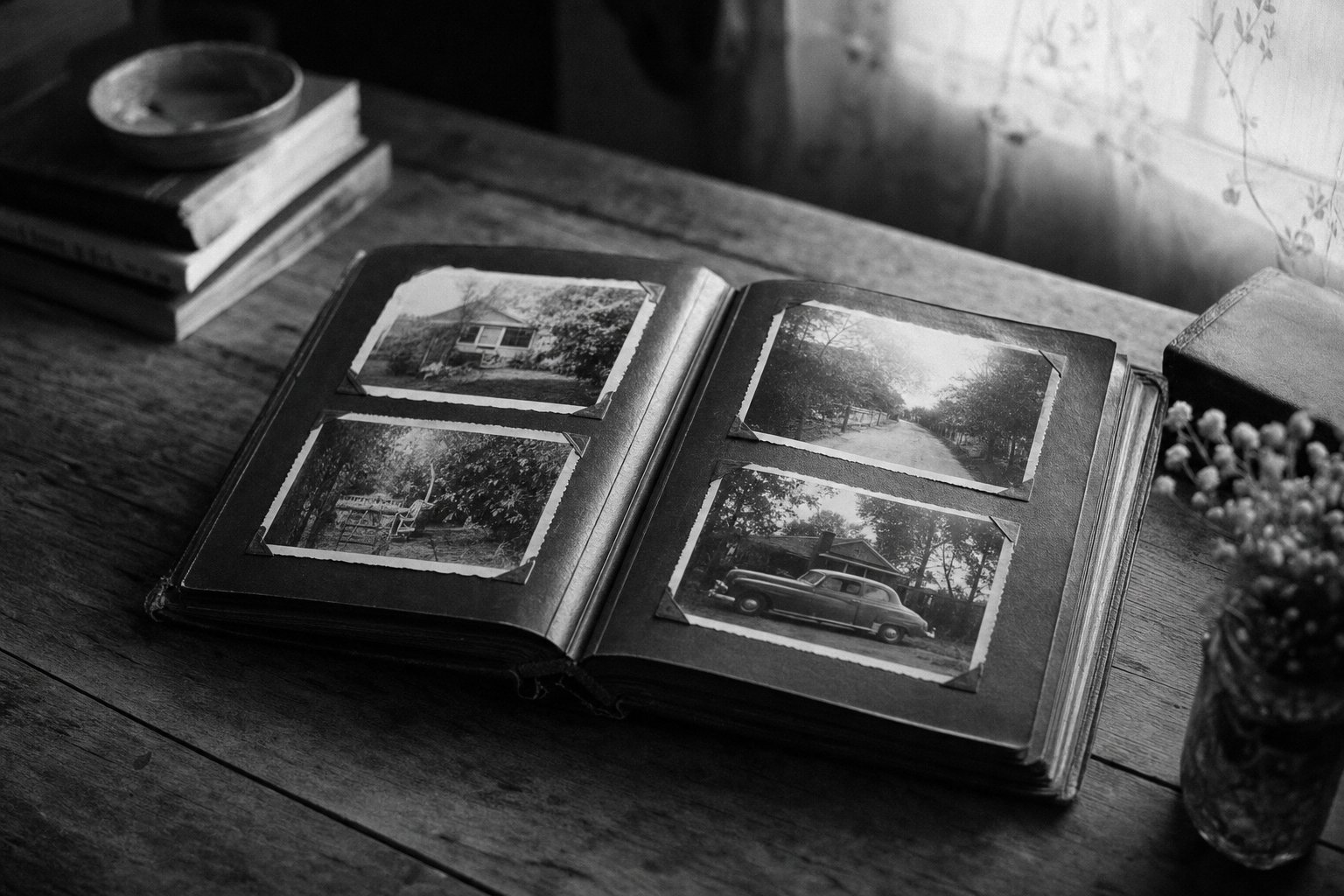 An old leather photo album open on a wooden table, filled with faded family photographs