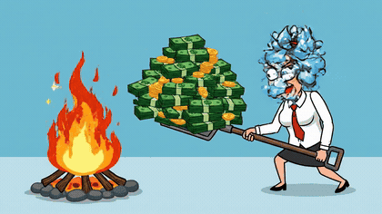 Cartoon animation of someone shoveling money into a fire, representing wasted budget